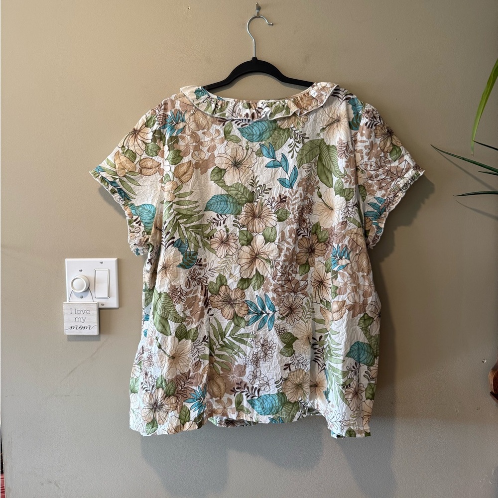 Caribbean Joe Cream w/Brown/Turquoise/Green/Tan Tropical Floral Print Top - Picture 10 of 12